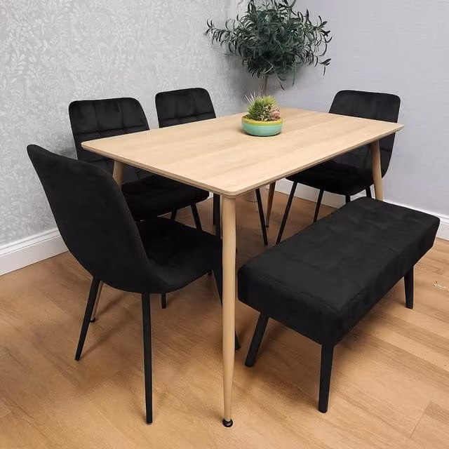 KOSY KOALA Modern Wooden Dining Table Set with 4 Black Velvet Chairs and 1 Bench
