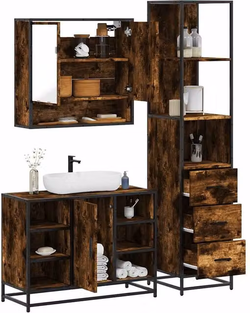 Berkfield Home 3-Piece Industrial Bathroom Furniture Set in Smoked Oak Brown – 1