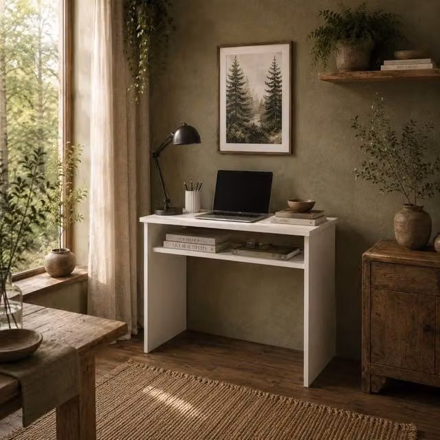 Wyld Haus Doha White Compact Writing Desk with Storage Shelf W/D/H: 90 x 50 x 74 cm