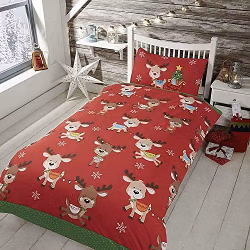 Rapport Home Rudolph and Friends Christmas Duvet Cover and Pillowcase Set, Red and Green, Polycotton, Pillowcase: 40 x 60 cm – 1