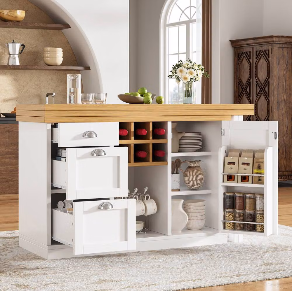 STILVORA Extendable Dining Table with 3 Drawers and Wine Rack in White – 2
