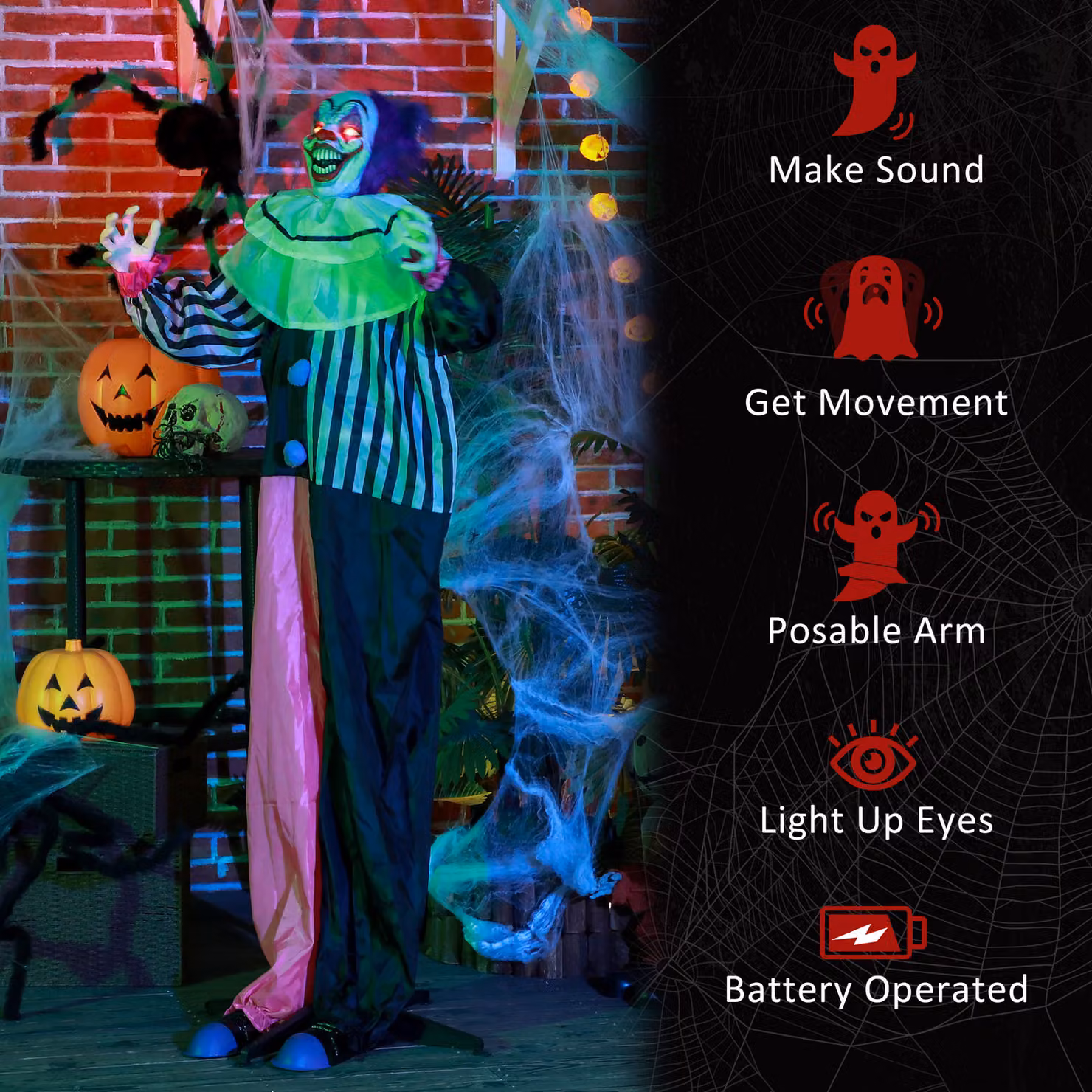 HOMCOM Laughing Clown Outdoor Halloween Animatronic Decoration with Sound Activated Light Up Eyes and Sound Effects, Multicolour, Height: 173 cm – 7