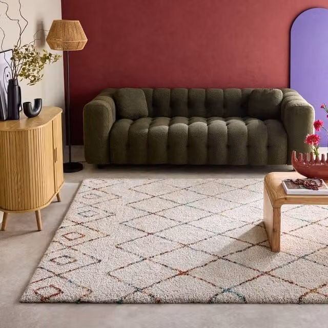 sweeek Geometric Boho Shaggy Interior Rug in Beige and Multicolour, W: 160 cm, L: 230 cm