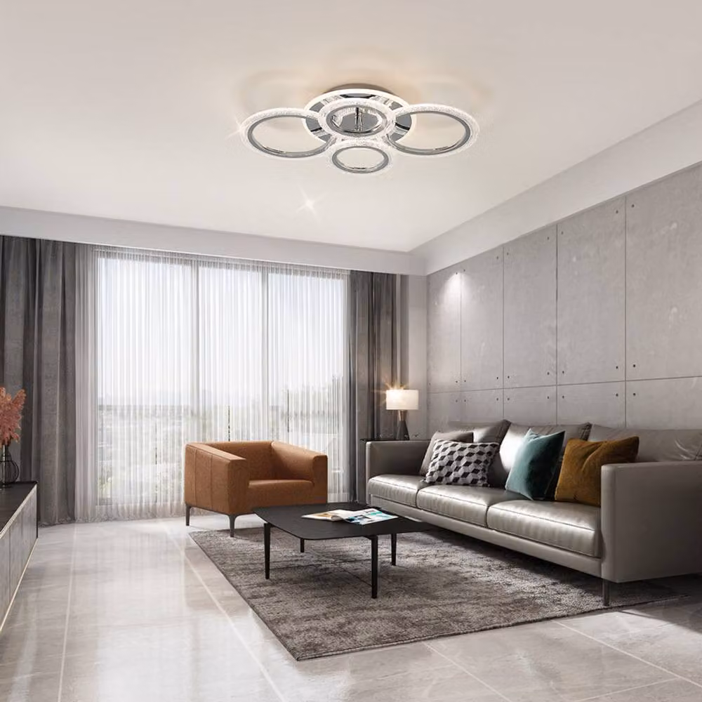 NIVOR 58W Dimmable LED Ceiling Light, 4-Ring Acrylic Chandelier in Silver and Chrome Finish – 3