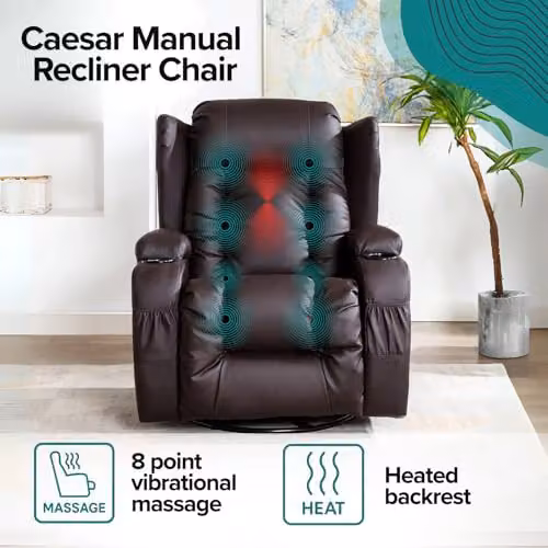 More4Homes Caesar Bonded Leather 10-in-1 Winged Recliner Chair with Heat, Massage, Rocking and 360 Swivel Function in Brown – 9