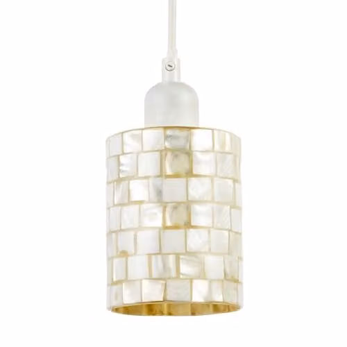 Happy Homewares Modern Cylindrical Shell Mosaic Pendant Light Shade in White and Beige