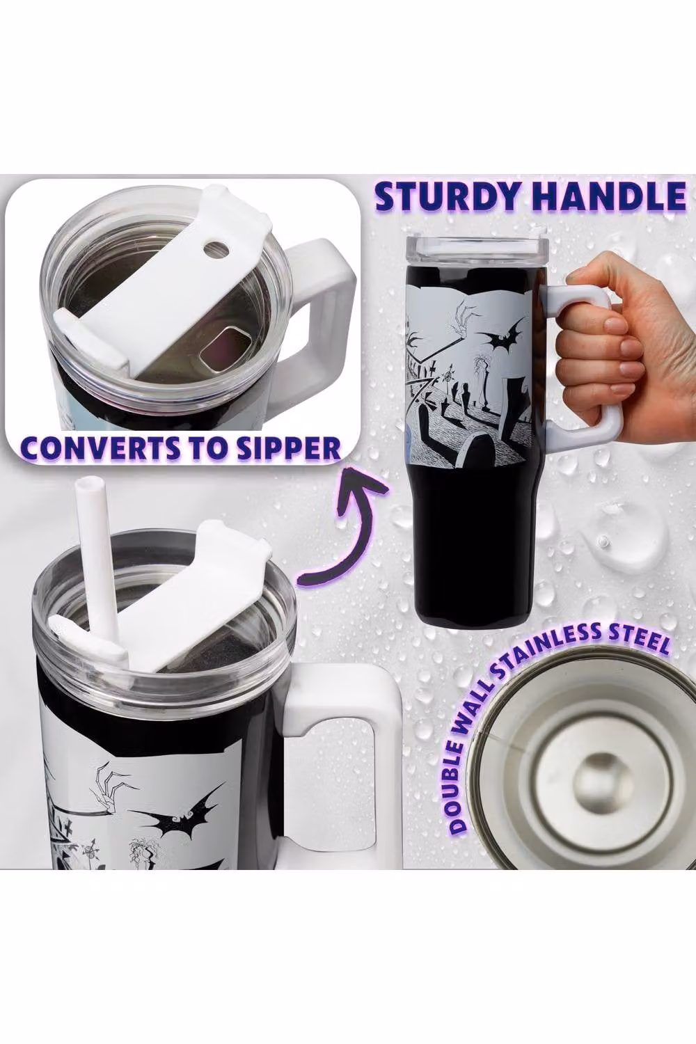 Disney Nightmare Before Christmas Insulated Stainless Steel Tumbler with Straw, Black and White, 940 ml – 8