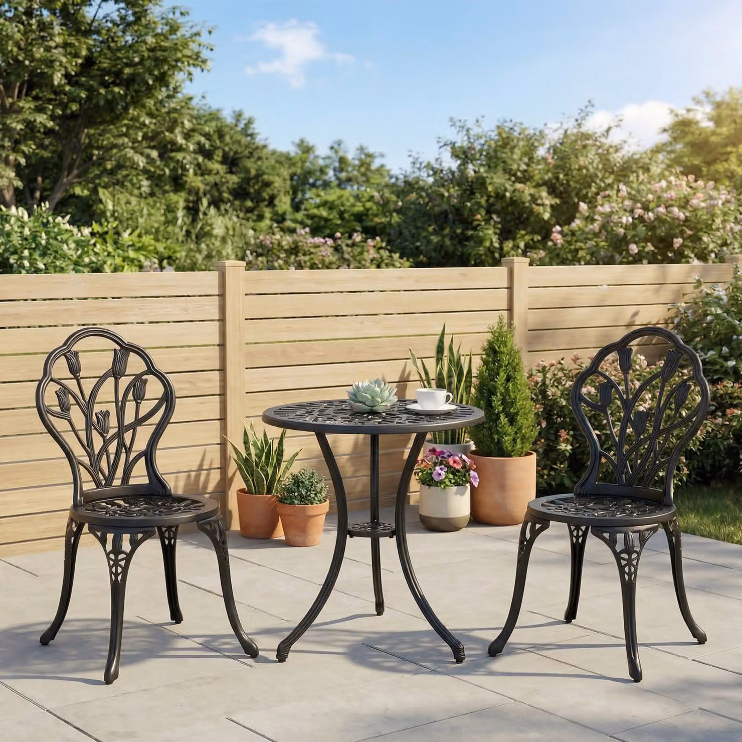 Outsunny Black Powder Coated Aluminium Garden Bistro Set with Round Table and Chairs for Balcony or Terrace – 2