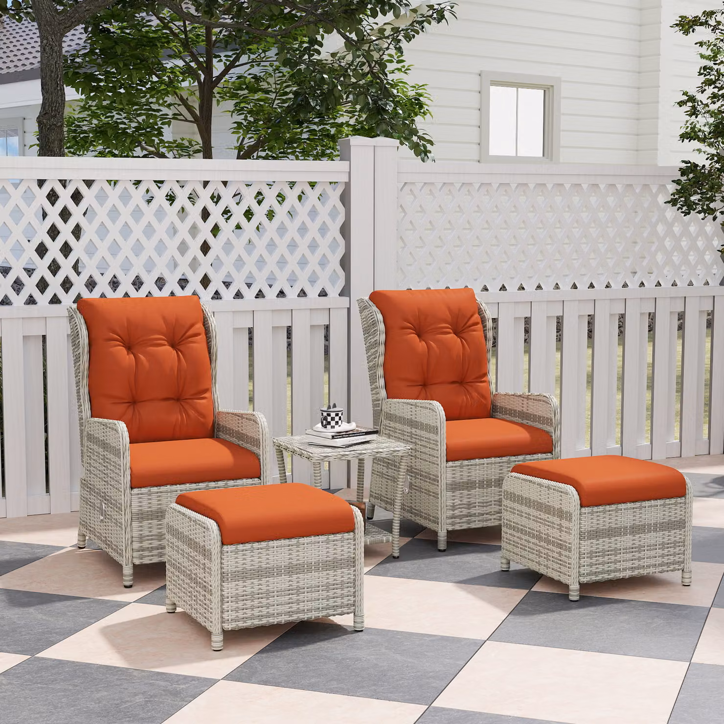 Outsunny 5 Piece Rattan Bistro Set with Adjustable Back, Reclining Wicker Balcony Furniture with Cushions, Glass Top and Footstools, Orange – 2