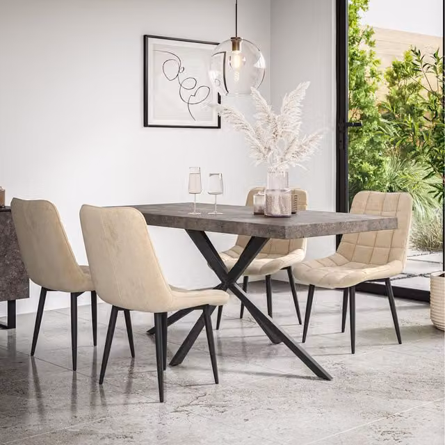 More4Homes Donni Dining Table and 4 Nova Velvet Chairs in Beige and Black with Concrete Effect Finish, W/D/H: 160 x 80 x 76 cm