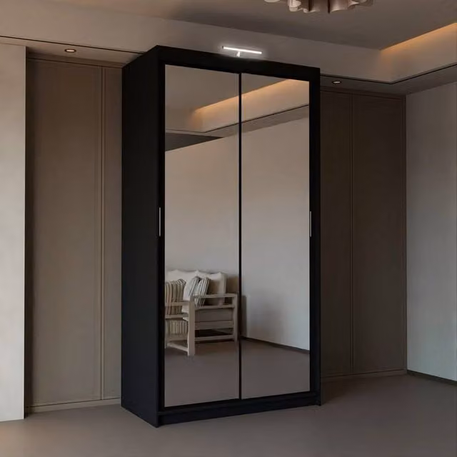Sliding Wardrobes 4U Modern Black Mirror Sliding Wardrobe with Integrated LED Light, W: 90 cm, H: 200 cm