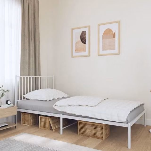 Berkfield Home Metal Bed Frame with Headboard in White, W/D/H: 100 x 200 cm