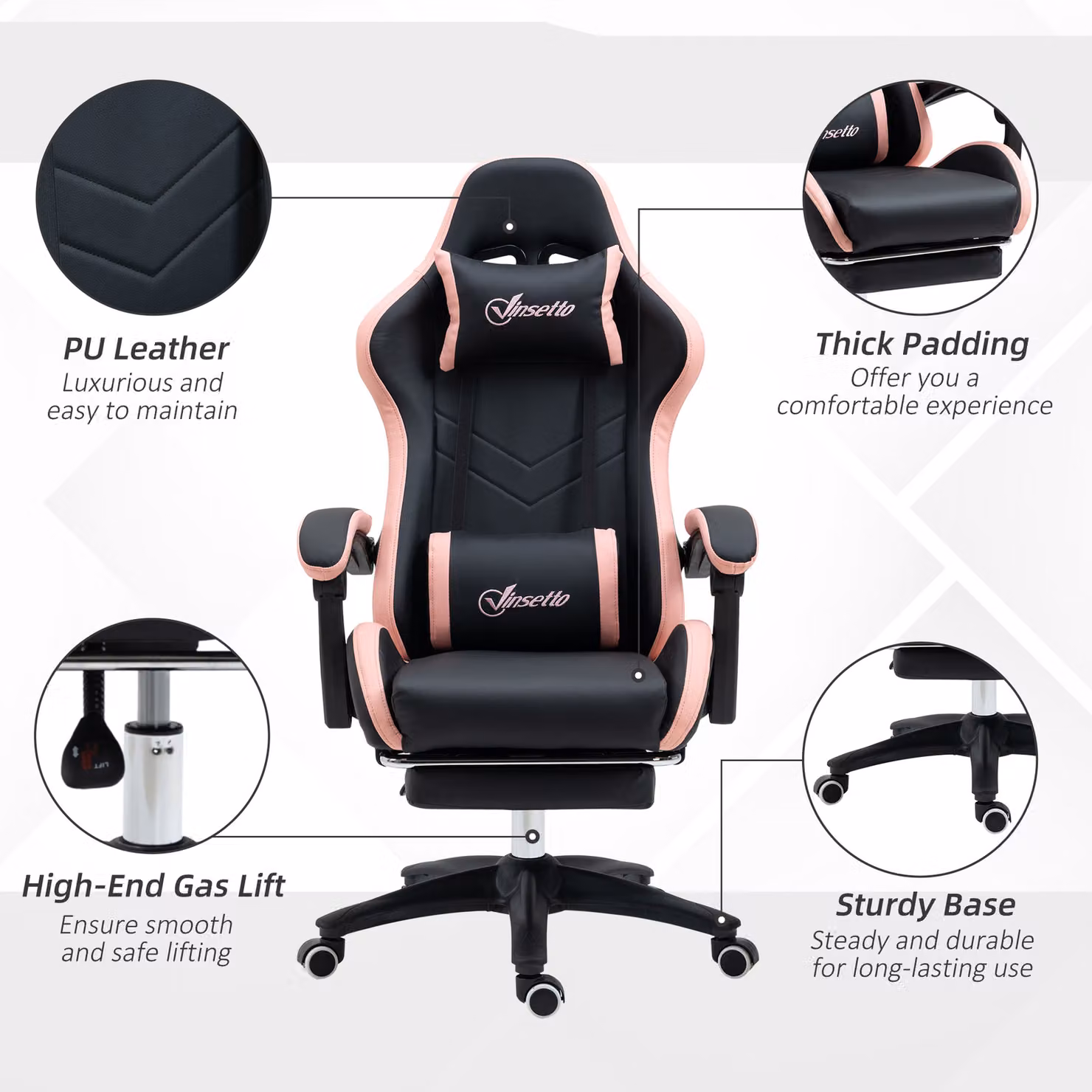 Vinsetto Gaming Chair in Black, Pink and White with Synthetic Leather, Headrest and Footrest – 6
