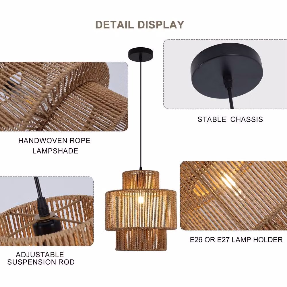 NIVOR Natural Boho Woven Rattan Pendant Light, Adjustable E27 Chandelier in Brown – 6