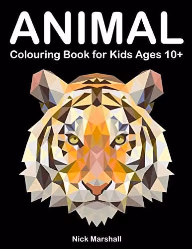 Polygon Animal Colouring Book for Kids Ages 10+ featuring Wolf, Shark, Owl, Cat and Dog, Multicolour, W: 21.59 cm, H: 27.94 cm
