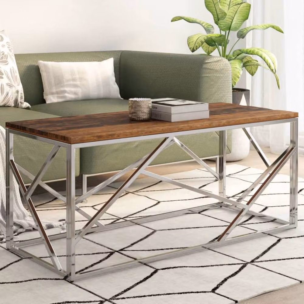 Berkfield Home Modern Rectangular Coffee Table in Silver Stainless Steel and Wood – 2