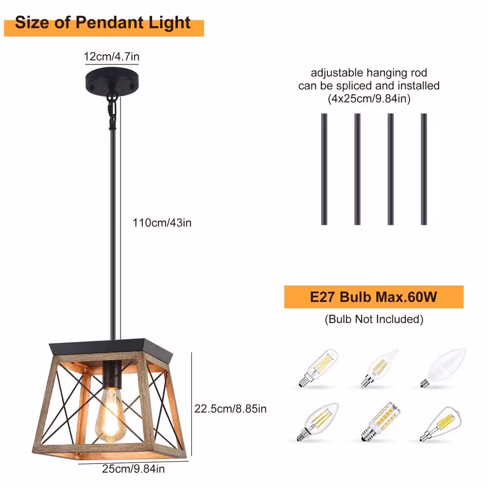 NIVOR Rustic Brown Wooden Lantern Chandelier, Adjustable Dimmable Cage Pendant Light with E27 Socket – 2