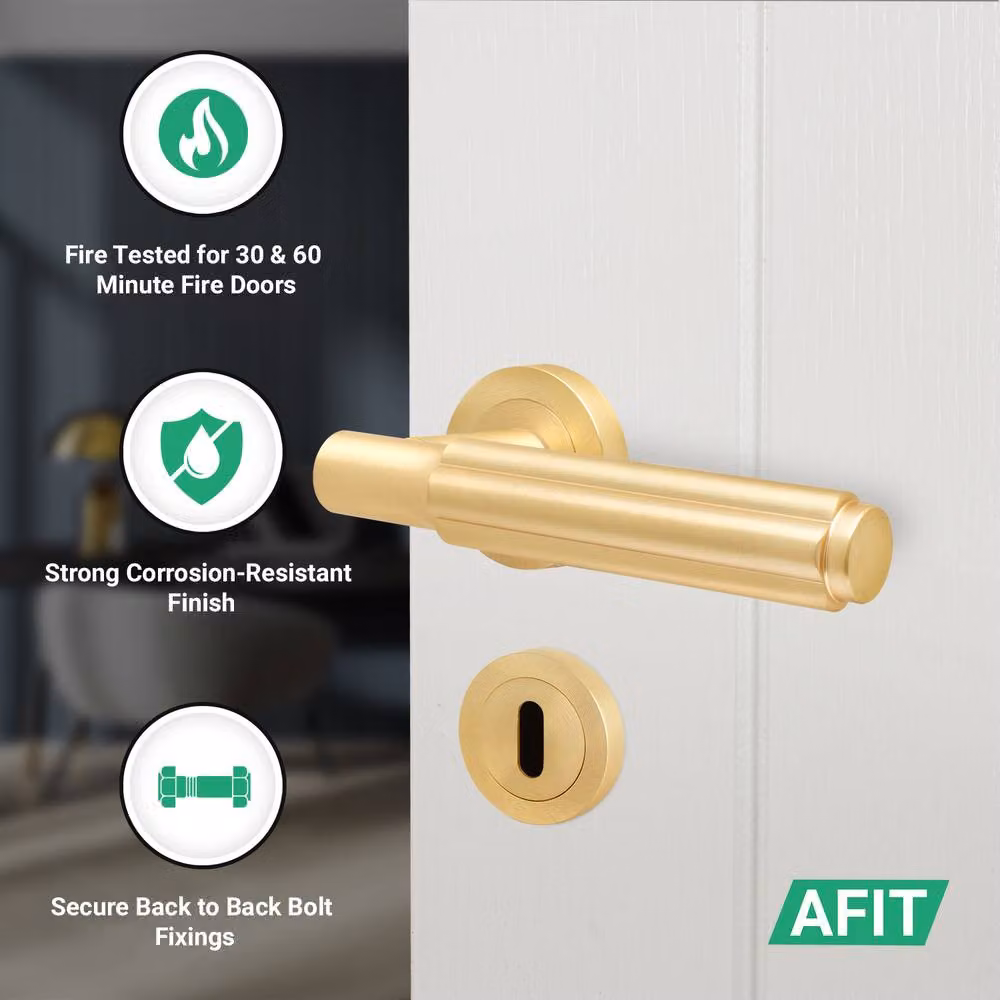 AFIT Satin Brass Fire Door Handle and Key Lock Set with Gold Hinges – 2