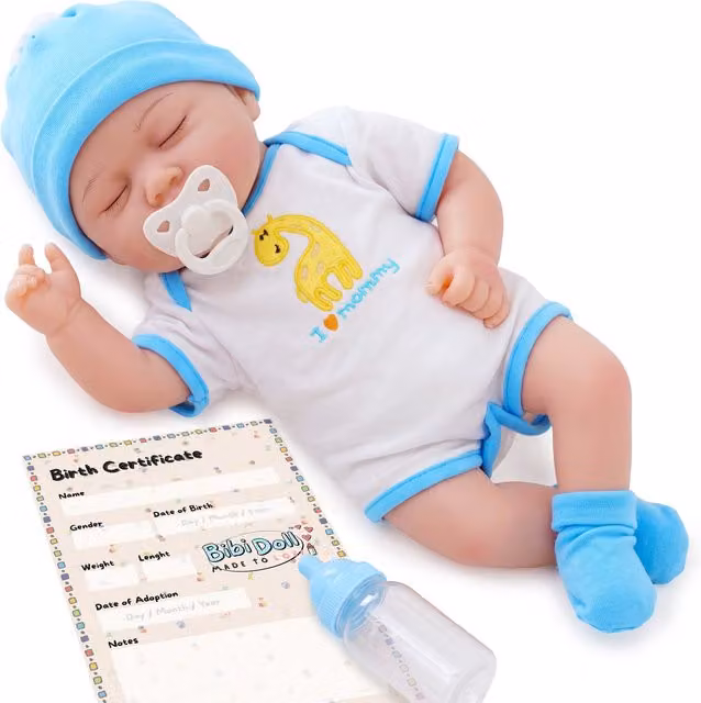 BiBi Doll Reborn Baby Boy Realistic Sleeping Doll with Dummy and Bottle in Blue