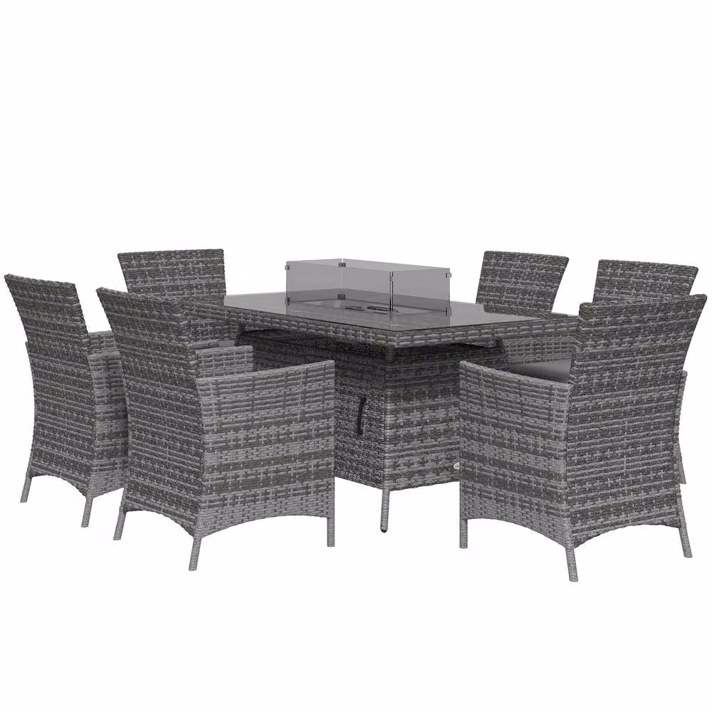 STILVORA 6-Seater Grey Garden Dining Set with Fire Pit, Rattan and Metal Construction – 3