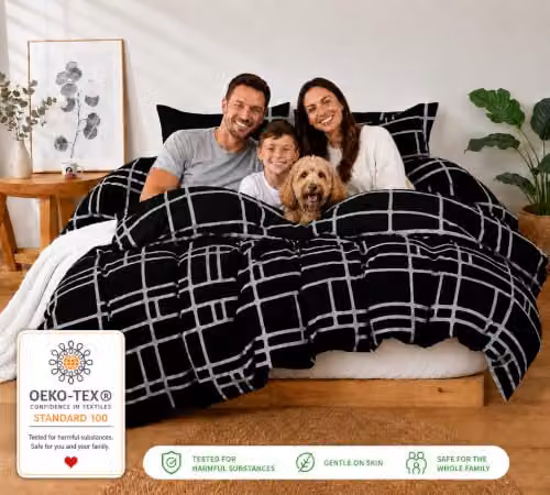 Pamposh Super King Duvet Set, 3-Piece Reversible Brushed Microfibre Bedding Set in Black and Grey, W/D/H: 180 x 200 cm with 50 x 75 cm Pillowcases – 4