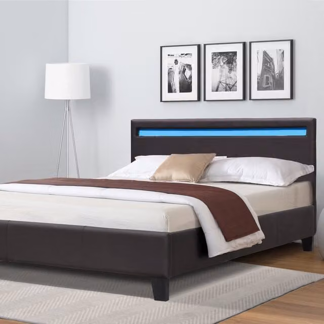 Comfy Living Prado Modern Upholstered Faux Leather LED Bedframe, Brown, W/D/H: 120 x 200 cm