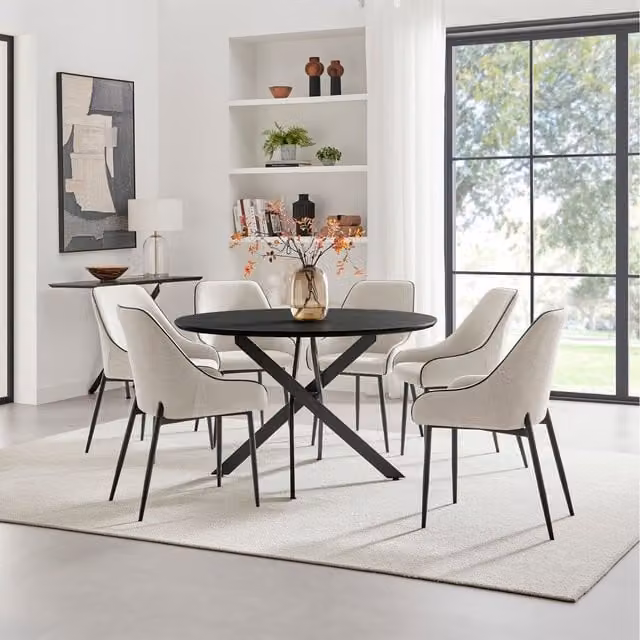 FurnitureboxUK Novara Dining Set with Black Top Table and 6 Beaumont Cream Fabric Chairs