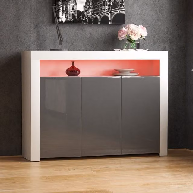 Vida Designs Nova 3 Door Modern LED Sideboard in White and Grey High Gloss Finish W/D/H: 130 x 35 x 95 cm – 1