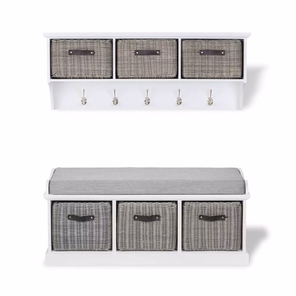 Statement Furniture Tetbury White Hanging Shelf and Bench Set with 3 Grey Faux Rattan Baskets and Grey Cushion, W/D/H: 112 x 40 x 46 cm – 2