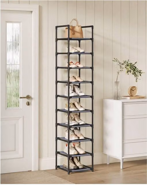 SONGMICS 10-Tier Space-Saving Shoe Rack with Adjustable Shelves in Grey