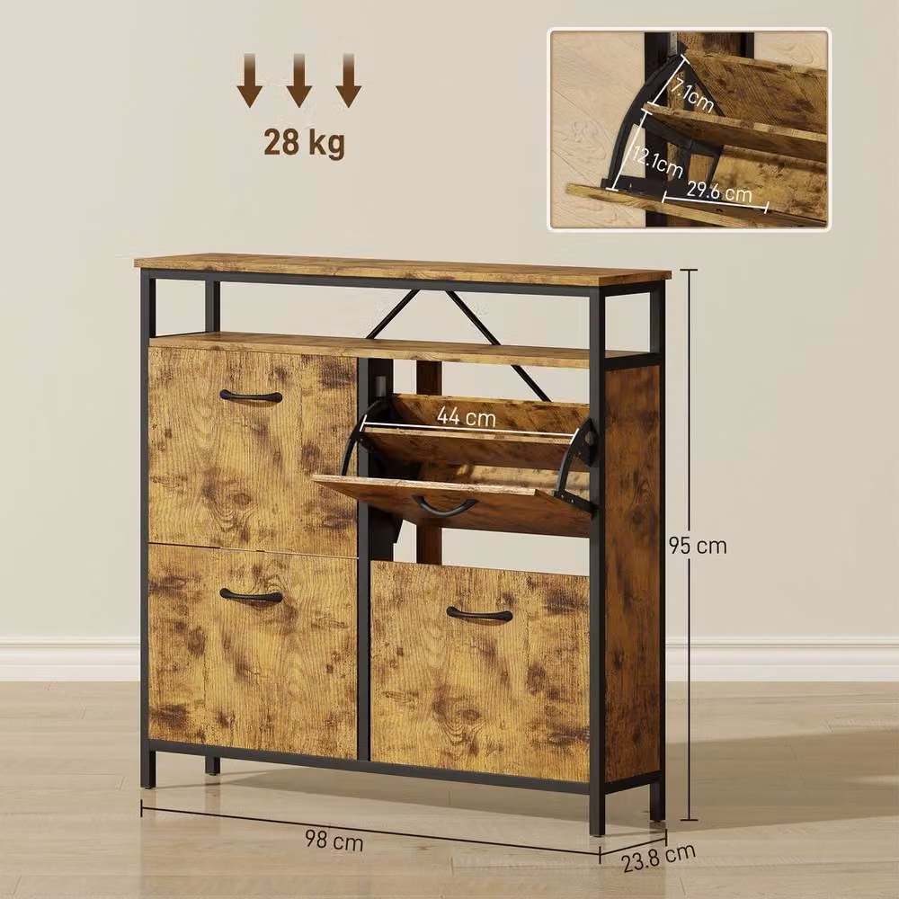 FORGEVIO Industrial Shoe Cabinet with 4 Tilting Compartments and Open Shelf, Rustic Brown and Black – 2