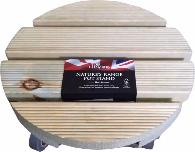 Tom Chambers Heavy Duty Round Wood Pot Stand Caddy in Natural Beige