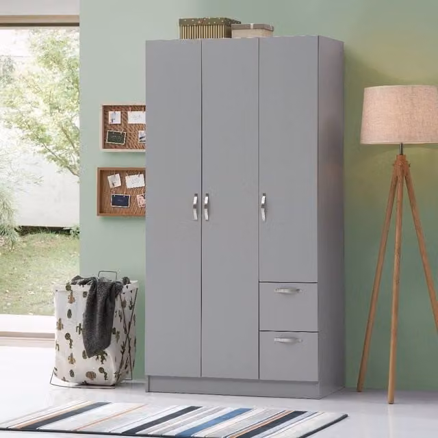 Timber Art Design Modern 3 Door 2 Drawer Wardrobe with Hanging Rail in Grey, H 180 x W 90 x D 45 cm