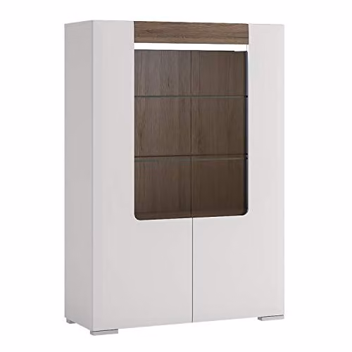 Furniture To Go Toronto Low Glossy White Oak 2 Door Display Cabinet with Glass Doors, Internal Shelves and Integrated Lighting