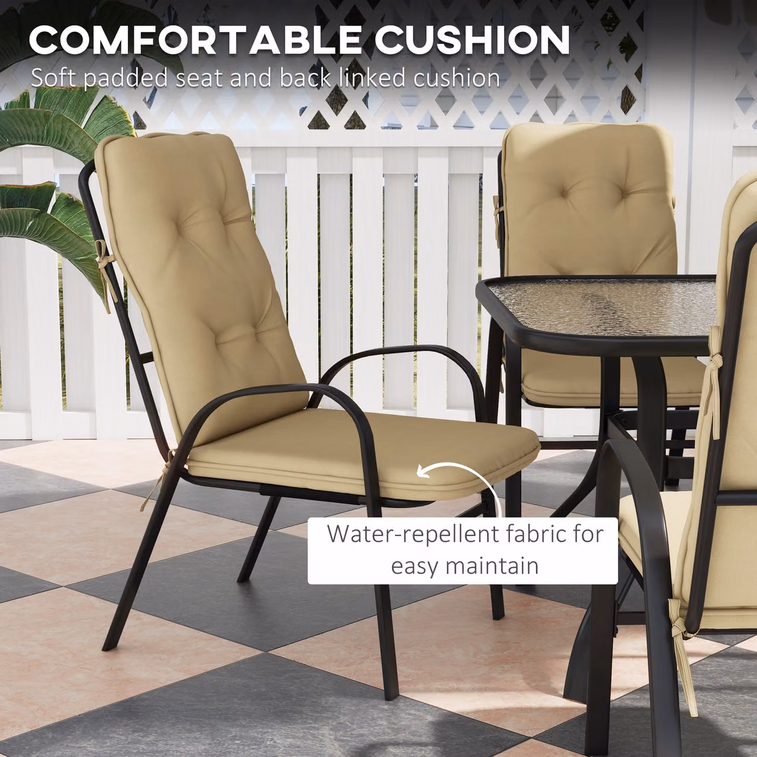 Outsunny 7-Piece Garden Dining Set with Tempered Glass Rectangular Table and 6 Texteline Chairs with Cushions, Beige – 6