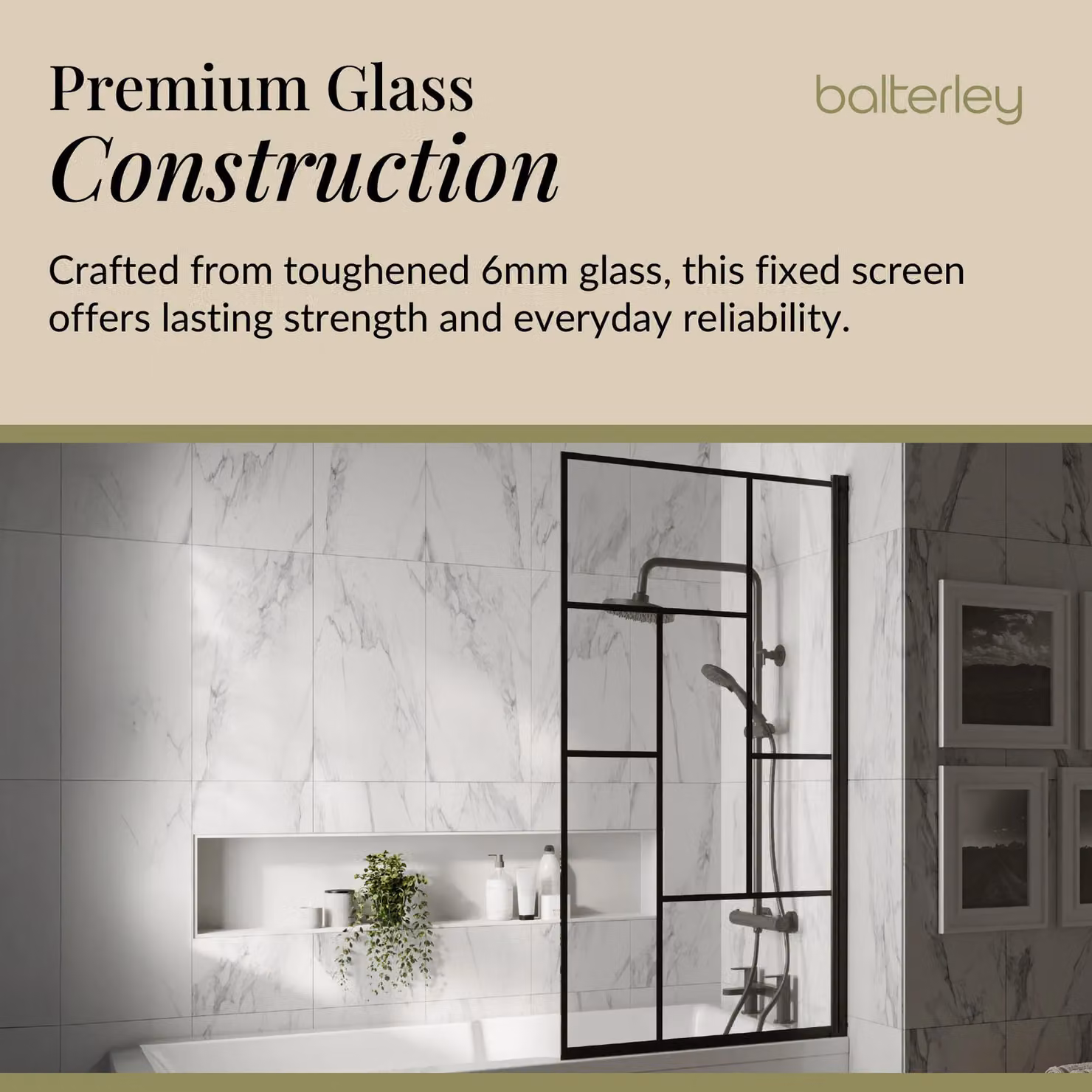 Balterley Abstract Square Reversible Shower Bath Screen with 6mm Safety Glass and Easy Clean Coating, Black, W: 143 cm – 3
