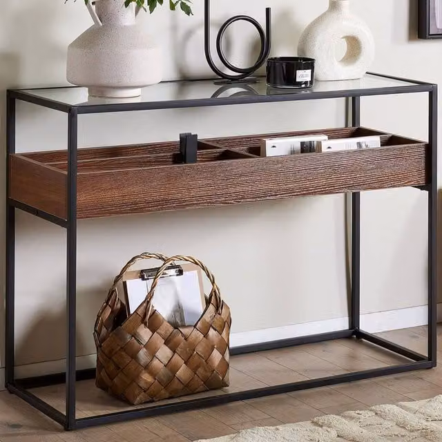 Wyld and Coco Industrial Console Table with Dark Brown Glass Top and Metal Frame, W/D/H: 110 x 40 x 80 cm