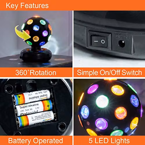 Global Gizmos 45860 Battery Operated Rotating LED Disco Ball with Multi-Coloured Lights, Black – 3