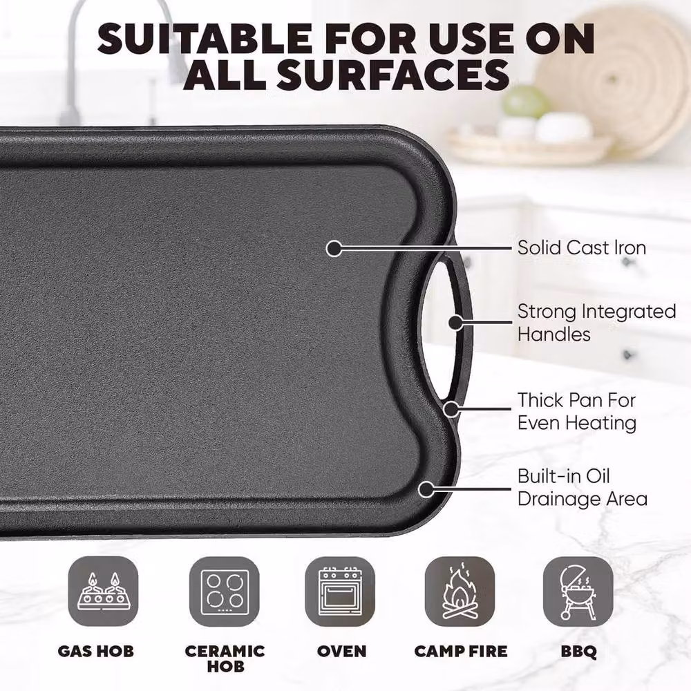 FLAVORA Black Cast Iron Reversible Griddle Plate BBQ Pan – 5