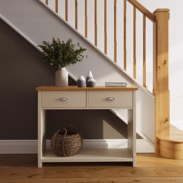 GFW Lancaster Oak and Grey Lacquered 2 Drawer Console Table – 2
