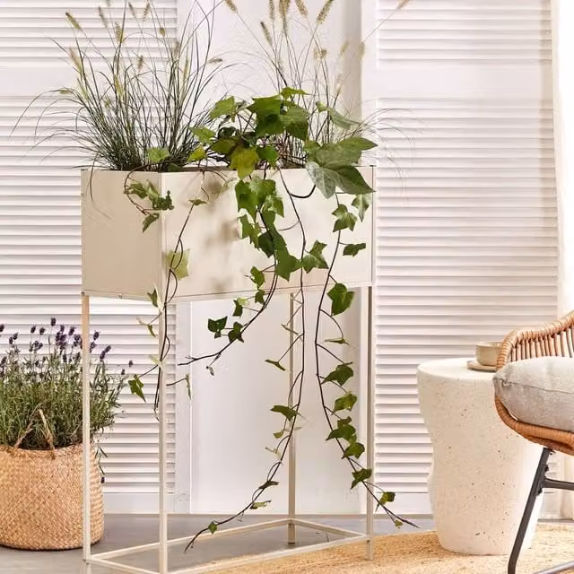 Wyld and Coco Beige Metal Raised Planter Tub for Indoor and Outdoor Use