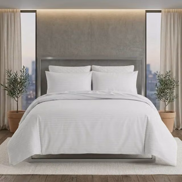 Snug City White Satin Stripe Cotton Rich Duvet Cover Set, W: 140 cm, H: 200 cm