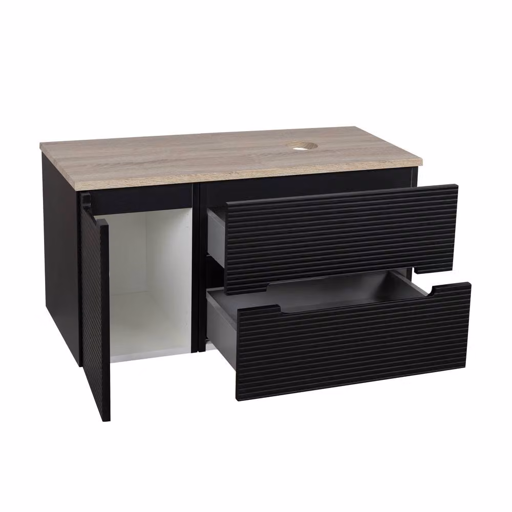 Bathroom Kingdom Monza Black and Oak Fluted Wall Hung Vanity Basin Width: 90 cm – 2