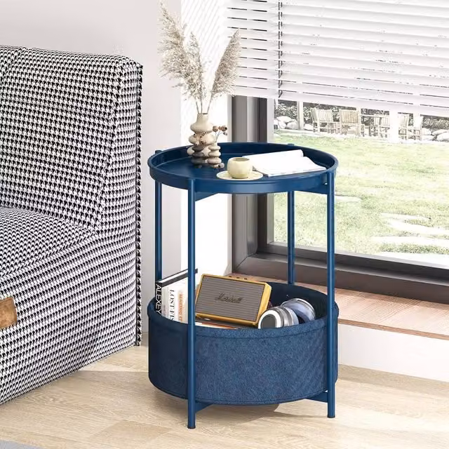 Huhote Round Side Table with 2 Tiers and Fabric Basket in Blue