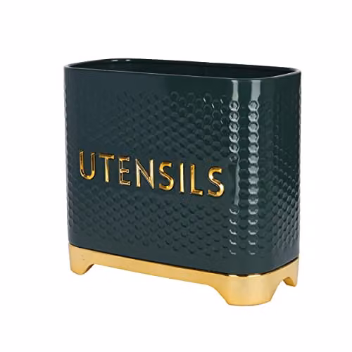 KitchenCraft Lovello Textured Metal Kitchen Utensil Holder in Green and Gold, W/D/H: 19 x 9 x 18 cm