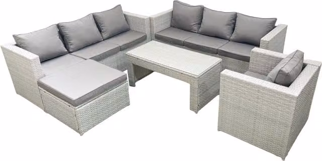 Fimous Wicker PE Rattan Garden Furniture Set in Light Grey with Coffee Table, Armchair, Ottoman and Sofas