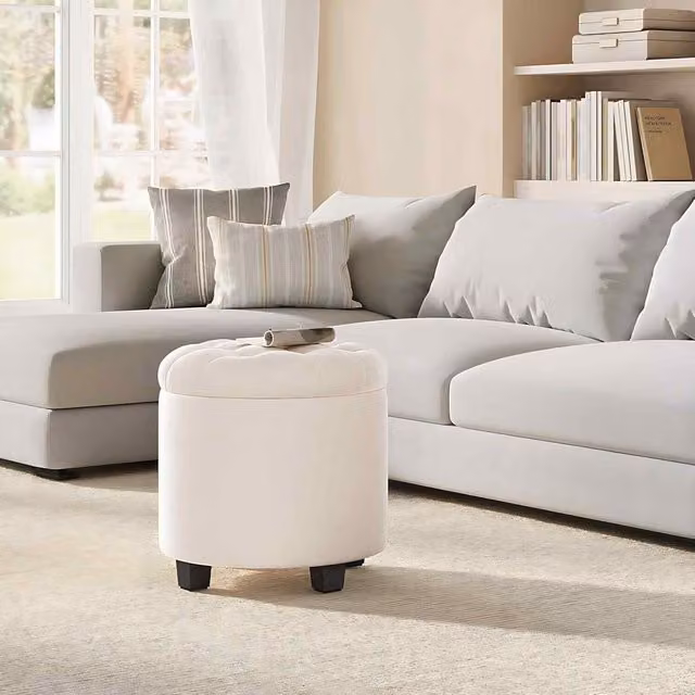 The Bazaarist Round Velvet Ottoman with Hidden Storage in Cream White, W/D/H: 45 x 45 x 45 cm