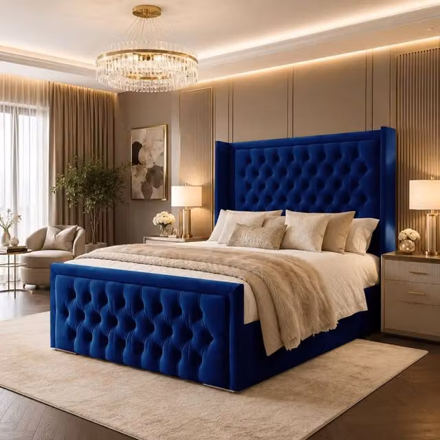 Desire Deco Luxury Blue Velvet Wingback Chesterfield Upholstered Bed Frame, W/D/H: 180 x 200 cm
