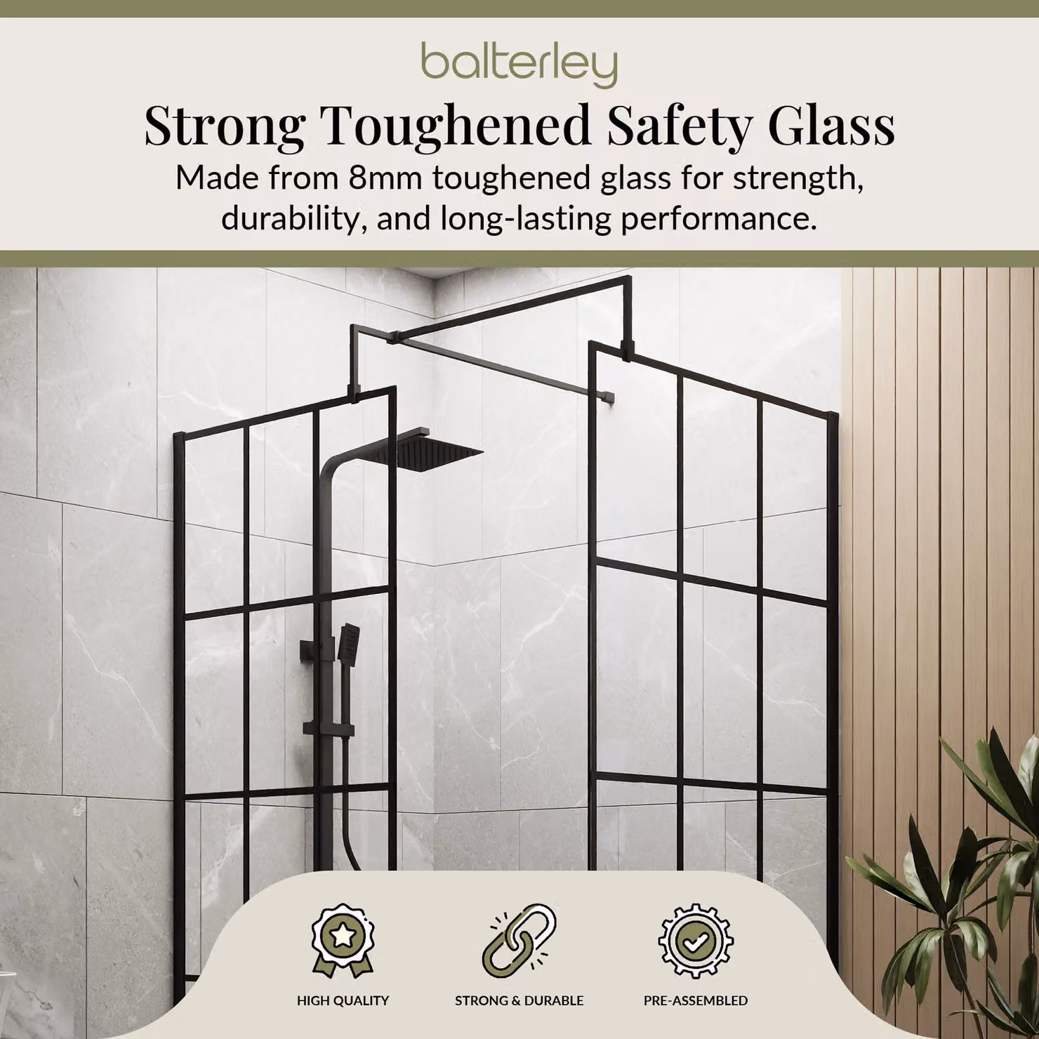 Balterley Single Panel 8mm Safety Glass Wetroom Screen with Black Frame, W: 700 mm, H: 1950 mm – 3