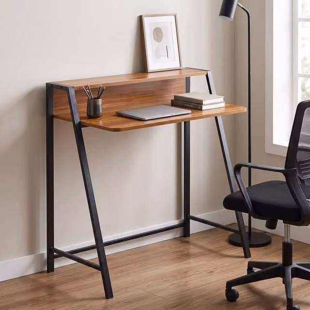 STILVORA Industrial Writing Desk with Shelf and Metal Frame in Brown
